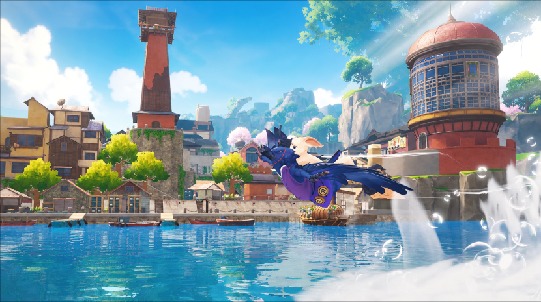A character gliding above Seikyu harbor